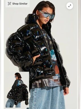 AKIRA Bob and weave oil slick Shiny Black Holographic Puffer Jacket size small